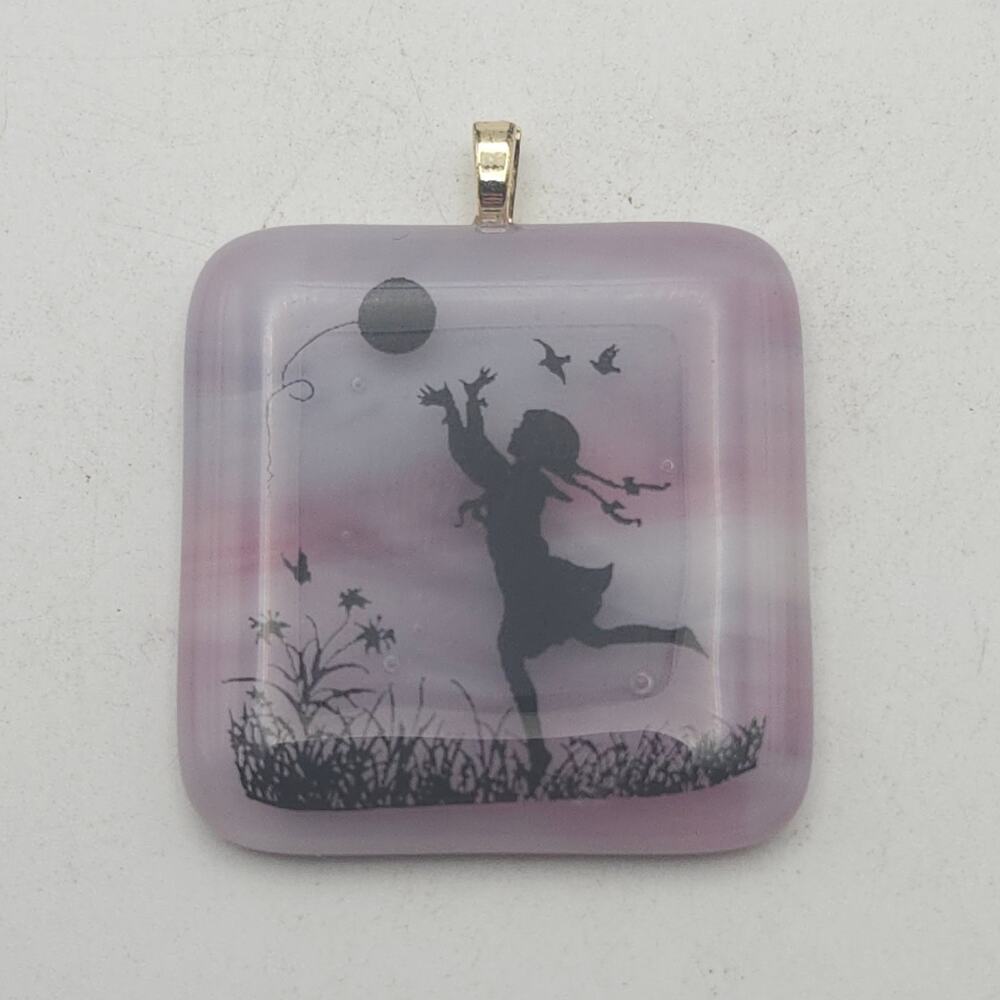 Frosted Pink Square Pendant Dancing Girl Silhouette Moon Bird Fairycore Charm‎